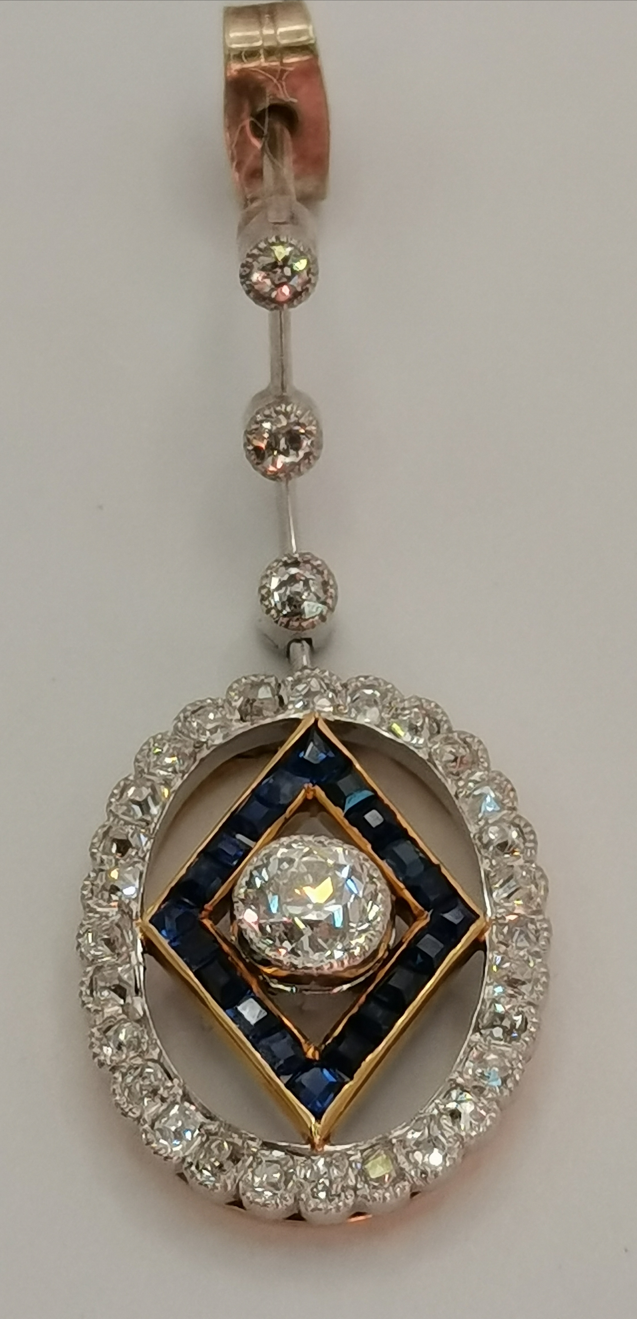 A pair of Art Deco platinum and 18 carat gold diamond and sapphire pendant earrings - Image 4 of 12