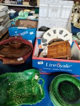 Lead crystal glasses, tin kitchenalia, wooden items, clock faces, marble lighthouse figures etc