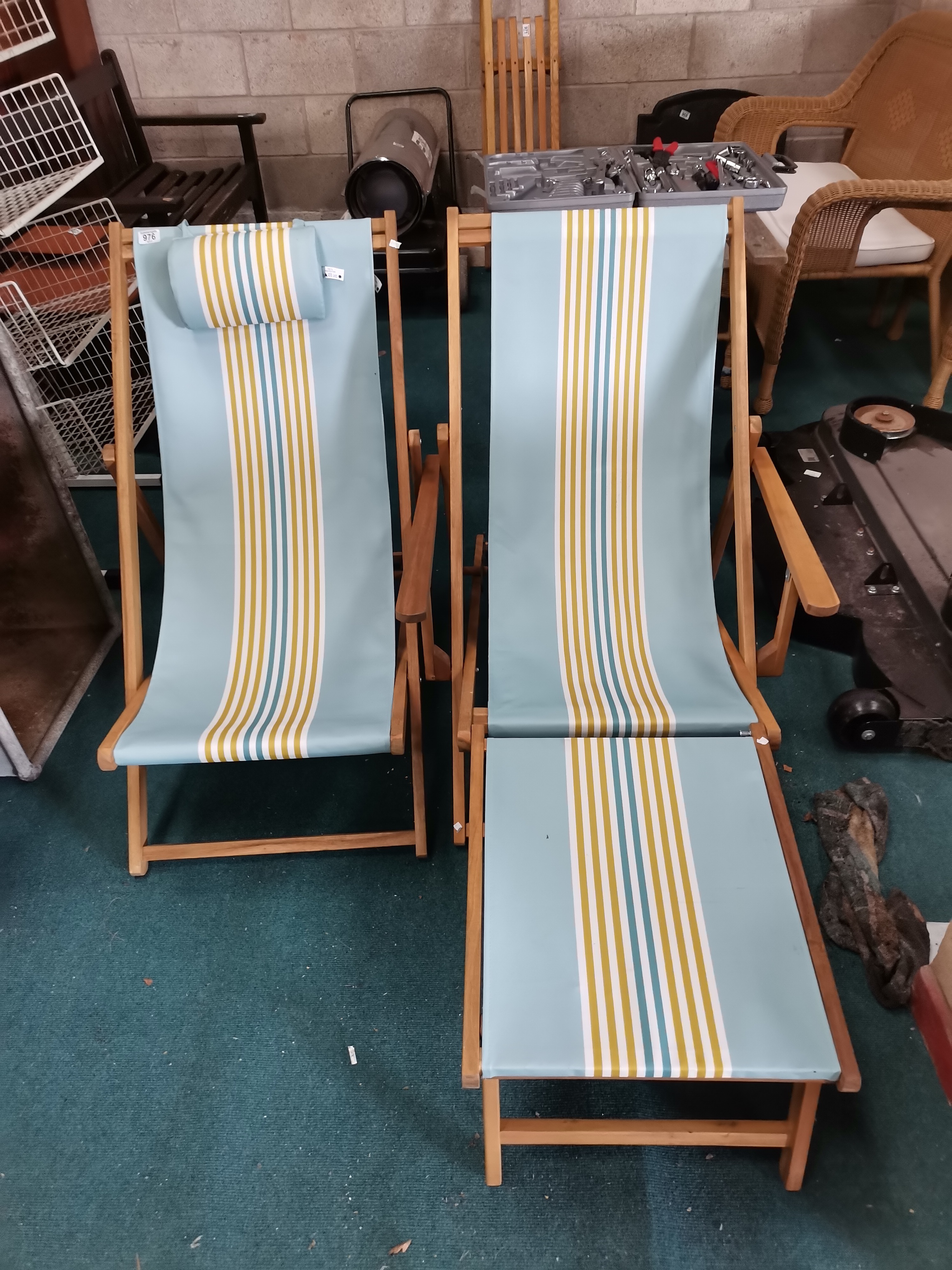 A Pair of Pine Deck Chairs with duck egg blue seats plus 1 matching foot rest - Image 2 of 2