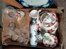 Box of China, glassware, Blue Delfts oil bottle and 2 blue and white meat platters