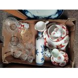 Box of China, glassware, Blue Delfts oil bottle and 2 blue and white meat platters