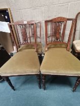 A set of 4 Edwardian inlaid mahogany parlour suite chairs with green velvet upholstered seats