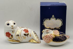 Crown Derby Seal and Quail Paperweight