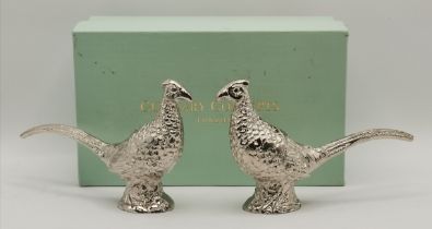 A silver-plated novelty pheasant salt and pepper pair