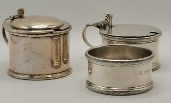 Two 20th Century silver drum mustards and a salt