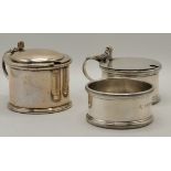 Two 20th Century silver drum mustards and a salt