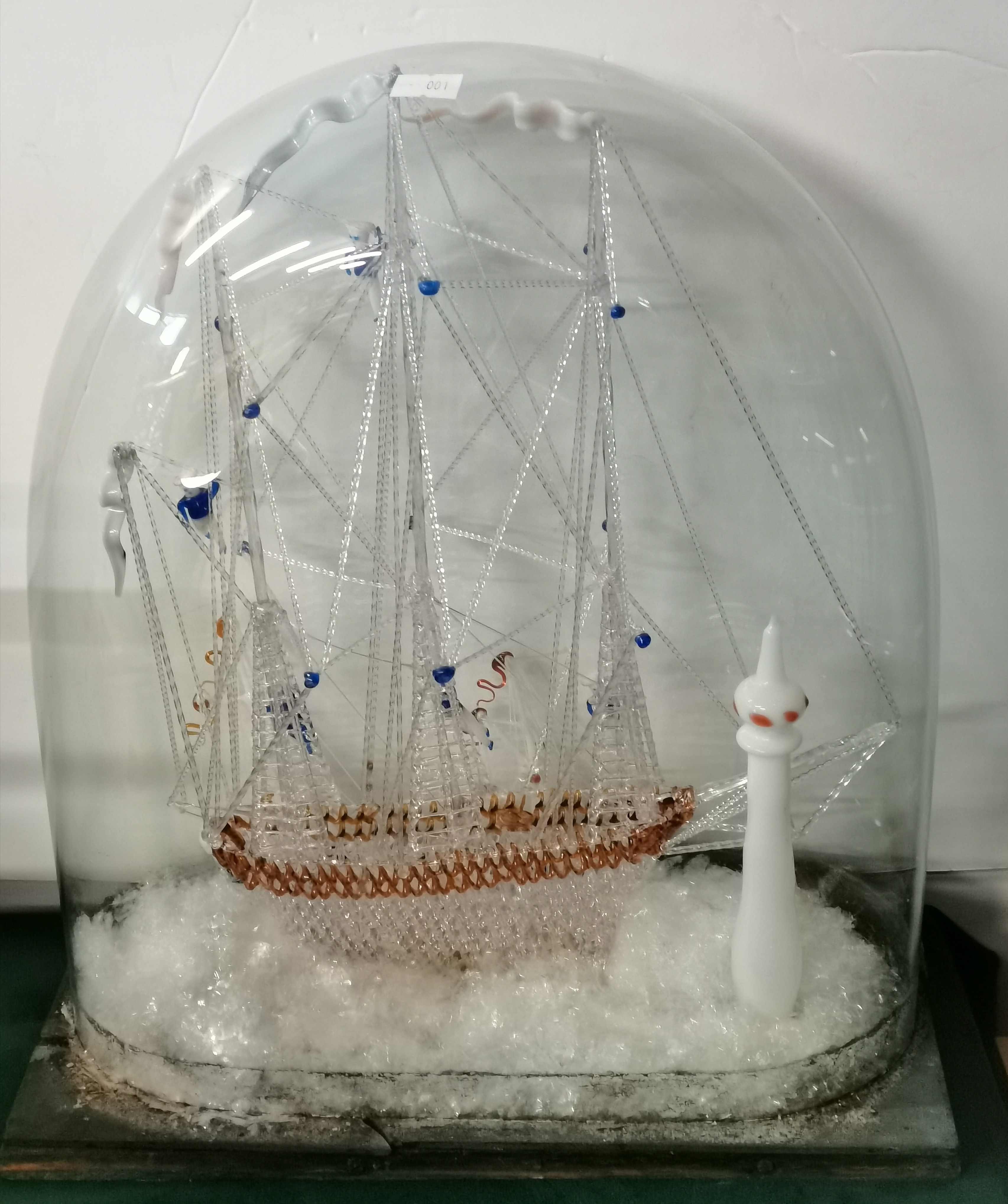 A Victorian spun glass model of a ship