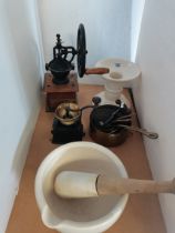 Vintage kitchen items - pestle and mortar, coffee grinder etc