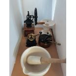 Vintage kitchen items - pestle and mortar, coffee grinder etc