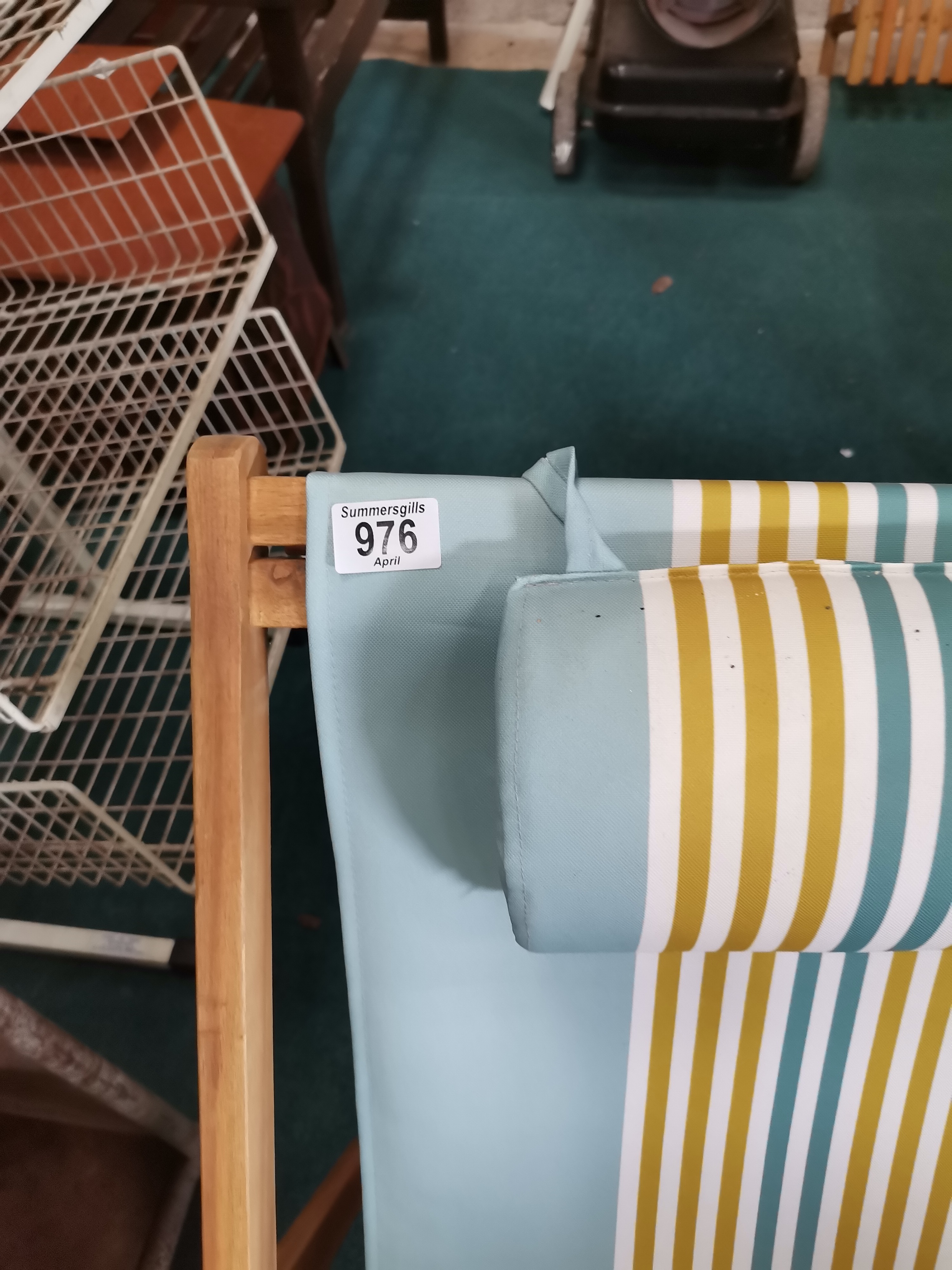 A Pair of Pine Deck Chairs with duck egg blue seats plus 1 matching foot rest