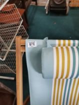 A Pair of Pine Deck Chairs with duck egg blue seats plus 1 matching foot rest