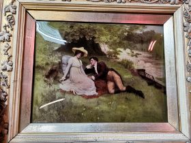 A crystoleum panel portrait, a courting couple reclining by a river