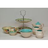 CLARICE CLIFF items including cake stand by Wilkinson, jug and bowl by Newport