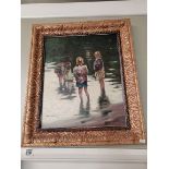 Three girls standing in a lake with a pond yacht, 20th Century