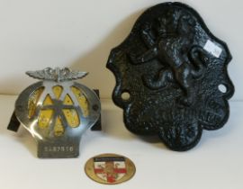 Bamfords Lion cast iron plaque, Vintage AA metal car badge and Lambretta brass badge