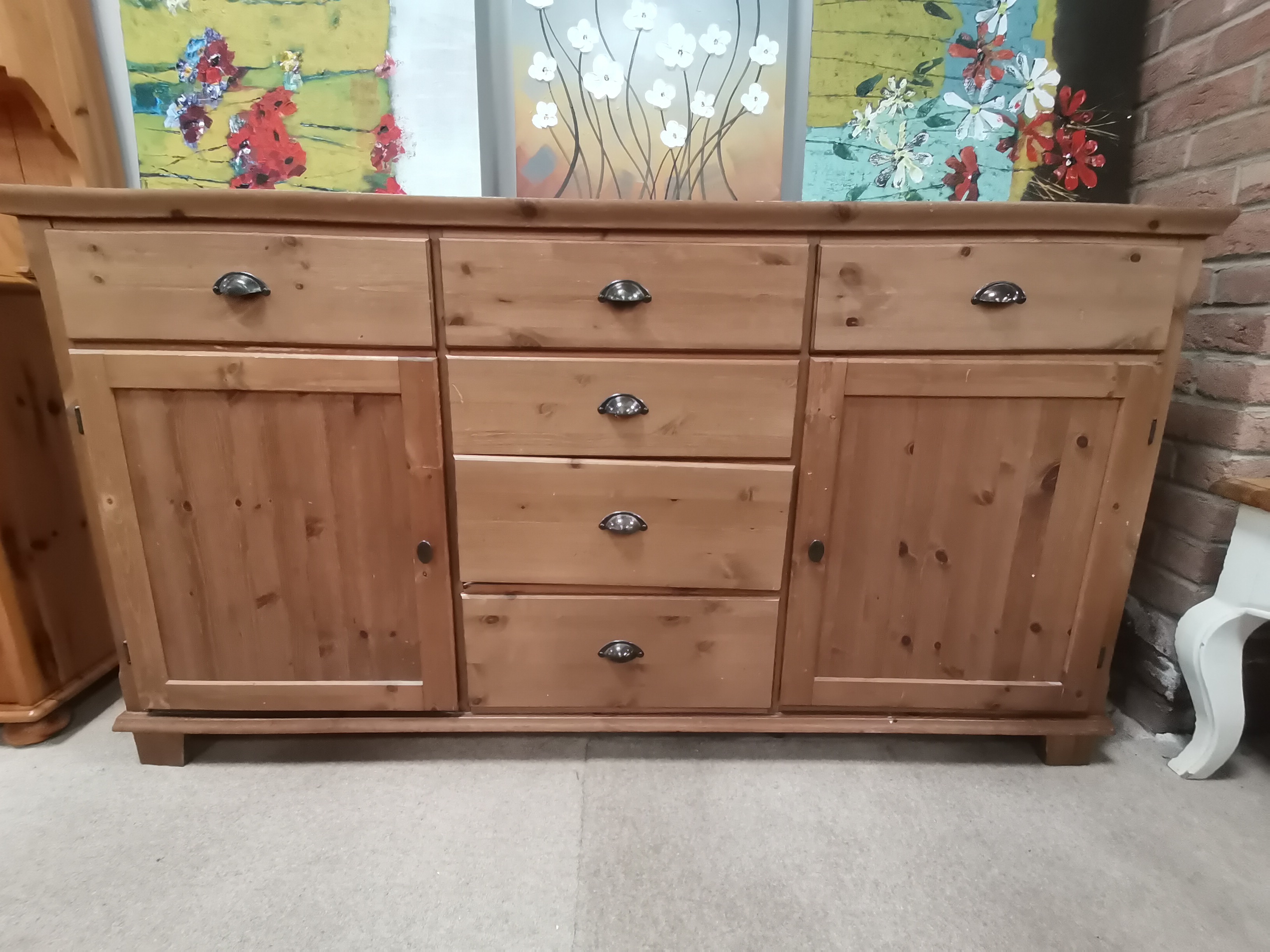 Pine Sideboard with 4 central drawers L165cm x H90cm x D50cm