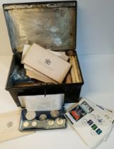 Metal box with first day covers and collector's coins incl Commonwealth Proof sets