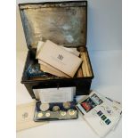 Metal box with first day covers and collector's coins incl Commonwealth Proof sets