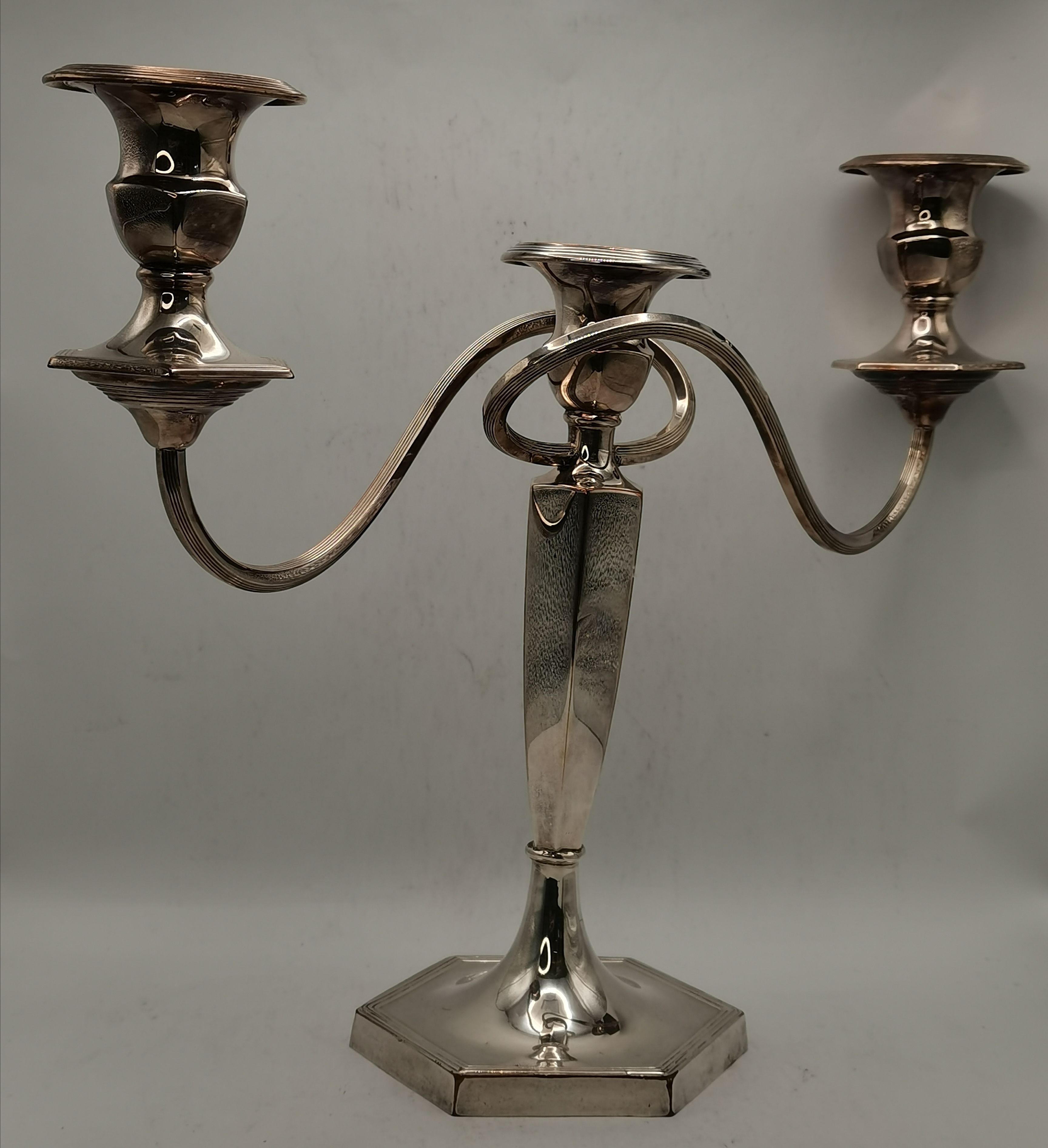 A George V silver candlestick and a silver-plated three-light candelabrum - Image 2 of 4