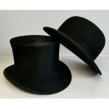 A top hat by WOODROW PICCADILLY LONDON 55.5CM DIAMETER, plus a bowler hat, silver topped ebony walki