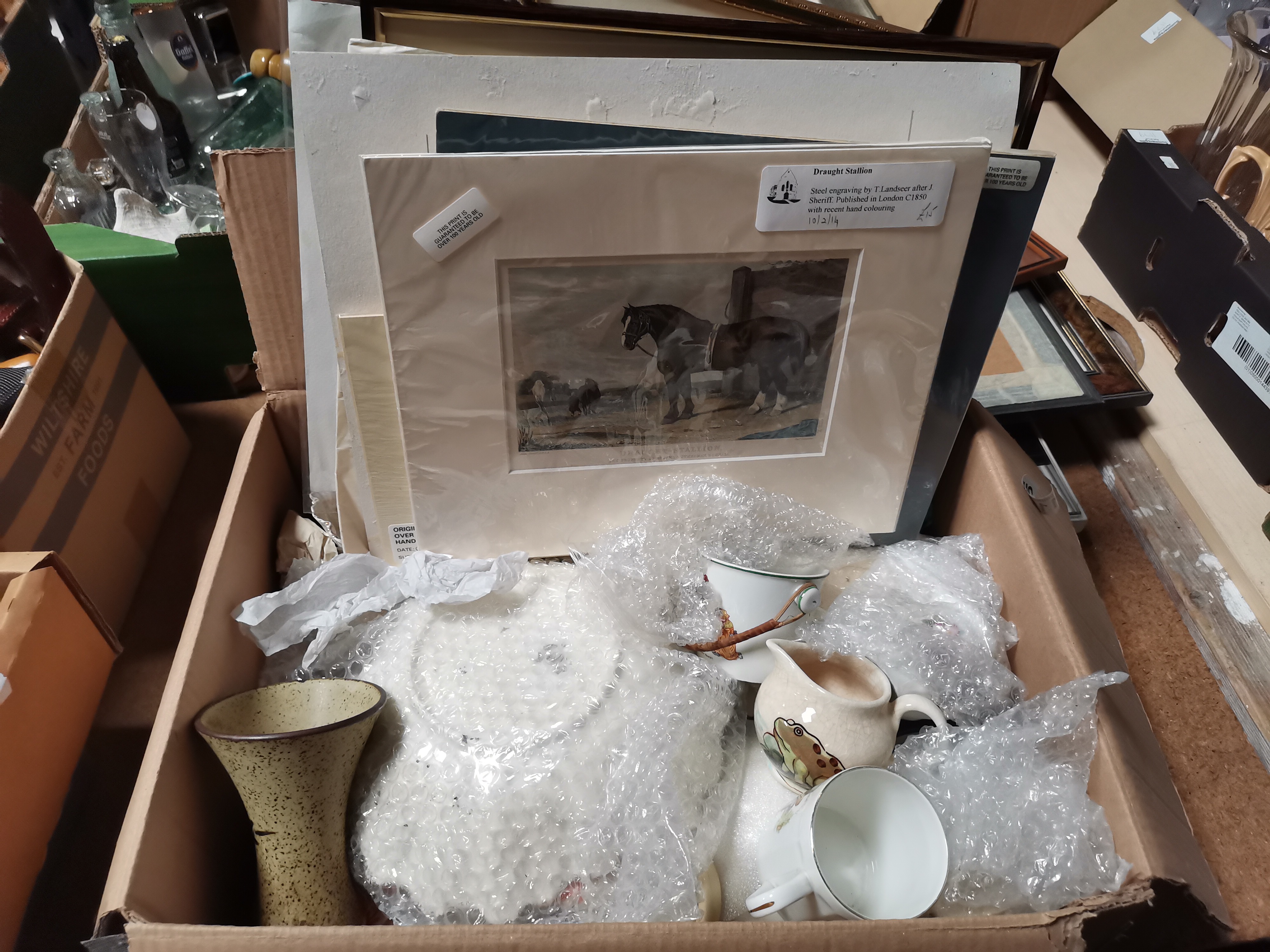 Box of antique prints, watercolours and ceramics