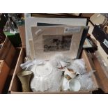 Box of antique prints, watercolours and ceramics