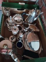 Box of Silver plated items incl Claret jug, candelabra, coffee pot etc