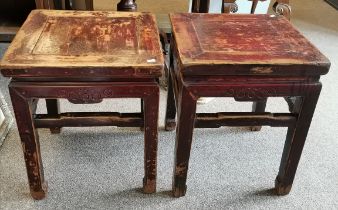 A pair of Chinese low tables in pine and painted i
