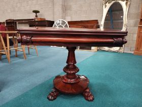 Antique William 4 th Mahogany fold over side/ tea table on 4 clawfoot pedestal W95cm x 47cm (close