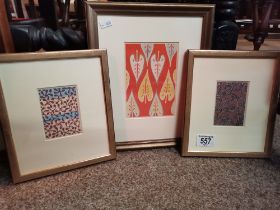Three Japanese woodblock prints, framed