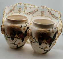 A pair of Victorian vases with bird decoration, and a pair of Cauldon plates