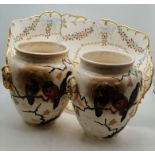 A pair of Victorian vases with bird decoration, and a pair of Cauldon plates