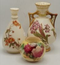 Three pieces of Royal Worcester floral decorated blush ivory ware