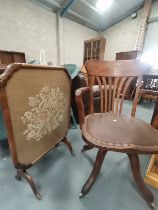 Fire screen and Oak swivel chair with leather seat