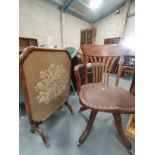 Fire screen and Oak swivel chair with leather seat