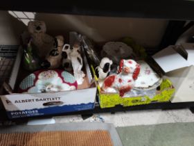 2 Boxes Containing Pottery Dogs, Glassware and a Coalport Lady in Box