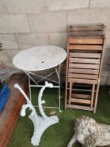 x3 folding wooden garden chairs plus round white folding bistro table plus table base