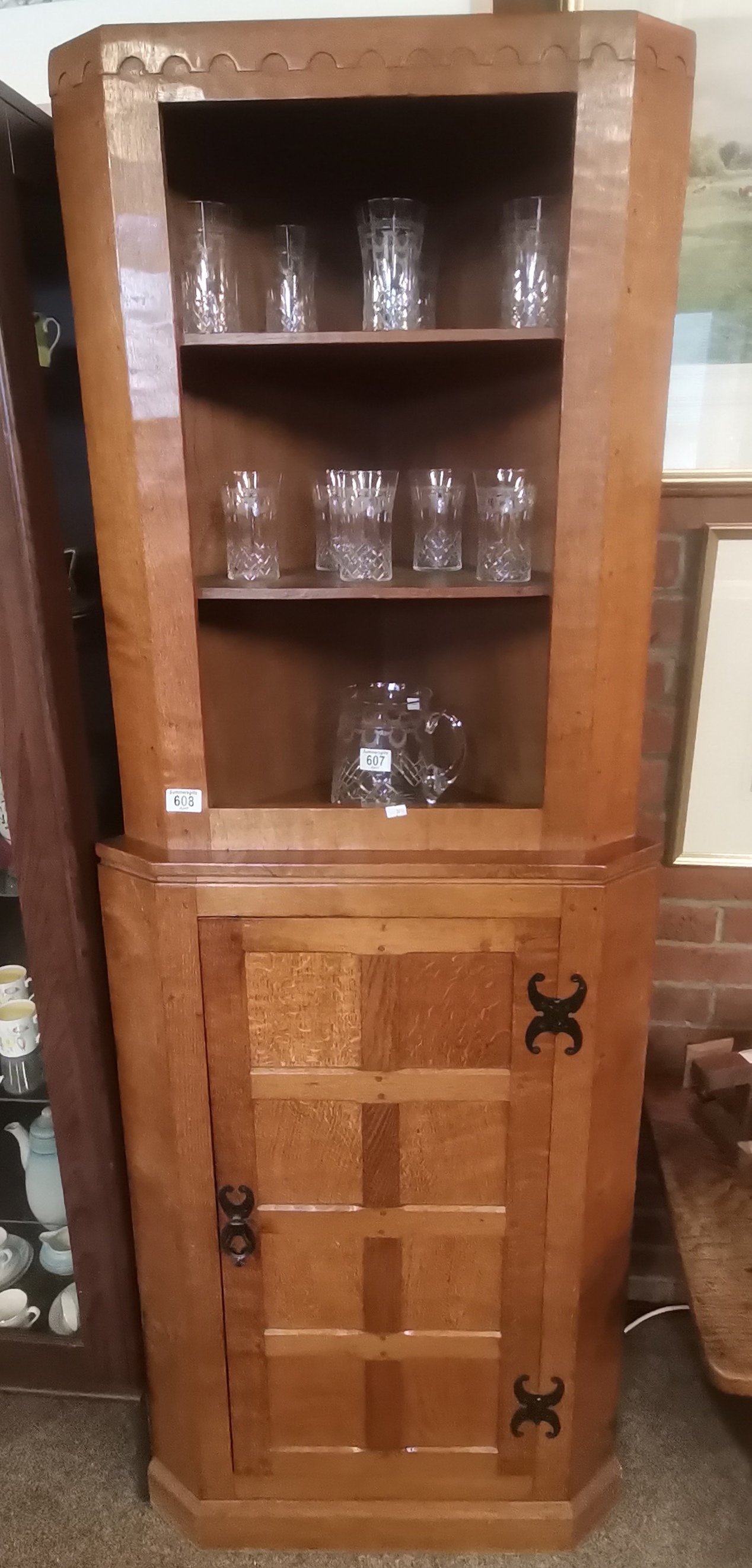 Fred Suffield, an Oakleafman oak corner shelf unit on cupboard