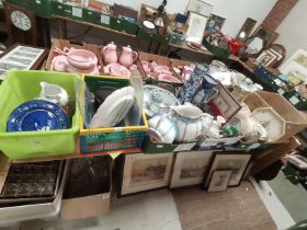 6 boxes of misc. ceramics and glassware - pewter mugs, jug & bowl sets etc