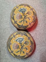 A pair of antique embroidered and beaded inlaid mahogany footstools
