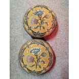 A pair of antique embroidered and beaded inlaid mahogany footstools