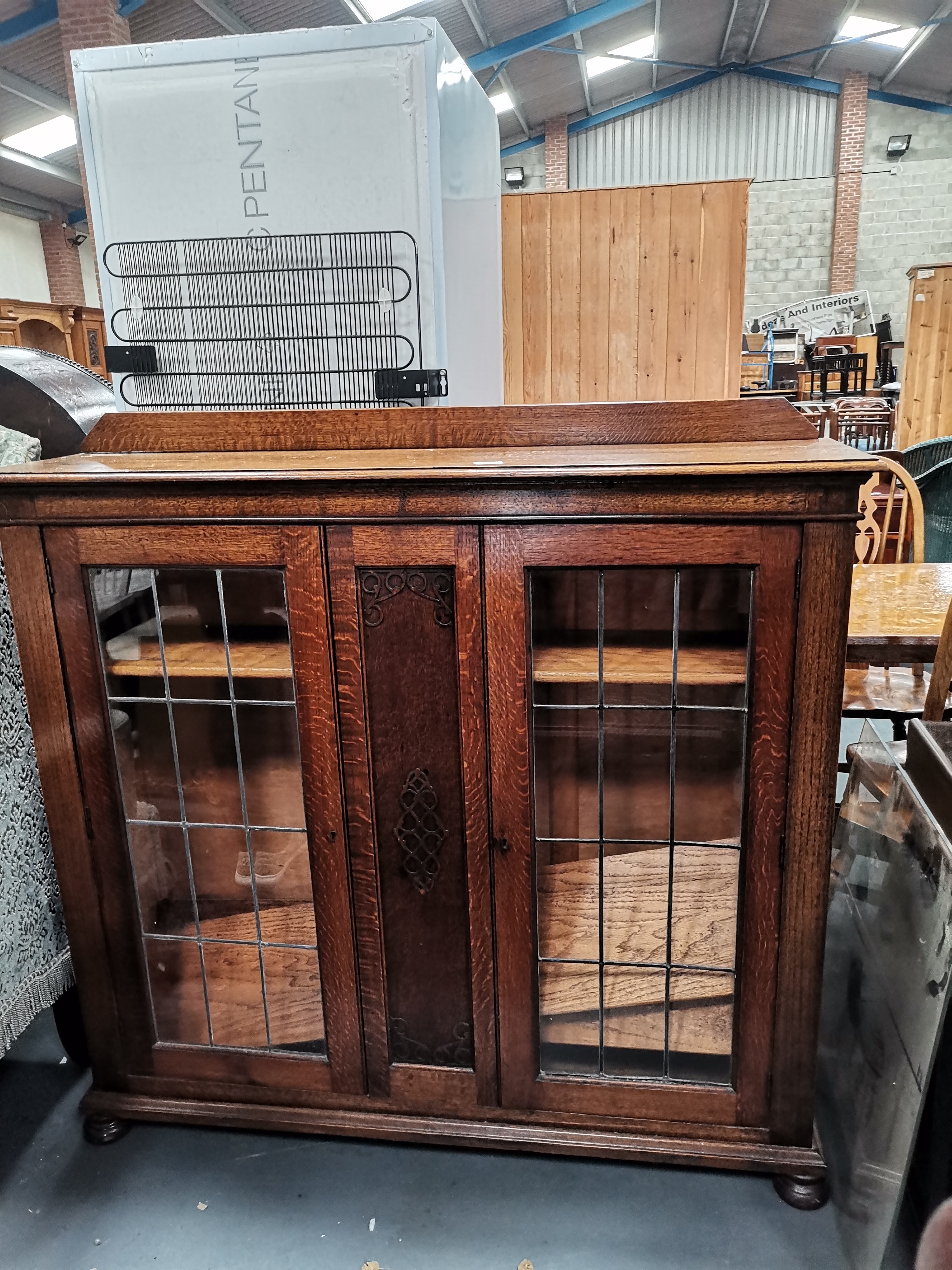 Vintage oak bookcase with leaded glazed doors