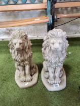 x2 Stone lion garden ornaments (A/F) 43cm Ht