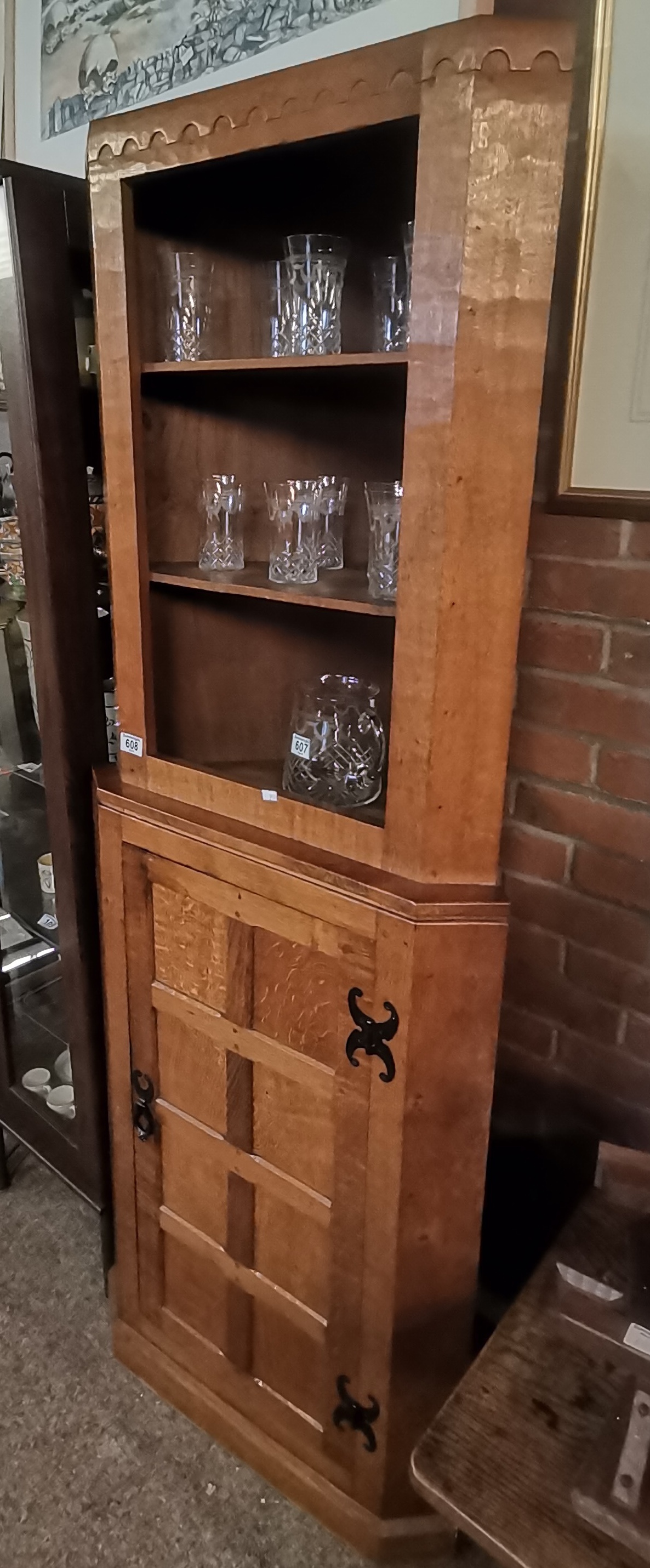 Fred Suffield, an Oakleafman oak corner shelf unit on cupboard - Image 2 of 3