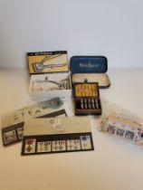 Collection of vintage items incl Rolls Razor blades and sharpener, stamps and cigarette cards