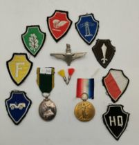 Two medals, embroidered insignia badges, etc.