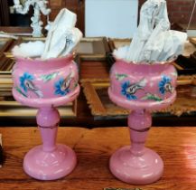 A pair of Victorian pink glass lustres
