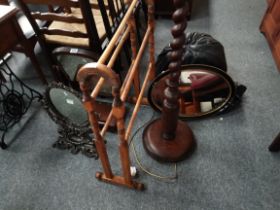 A Victorian swing dressing mirror, cast iron dressing mirror, pine towel rail, sewing machine, etc
