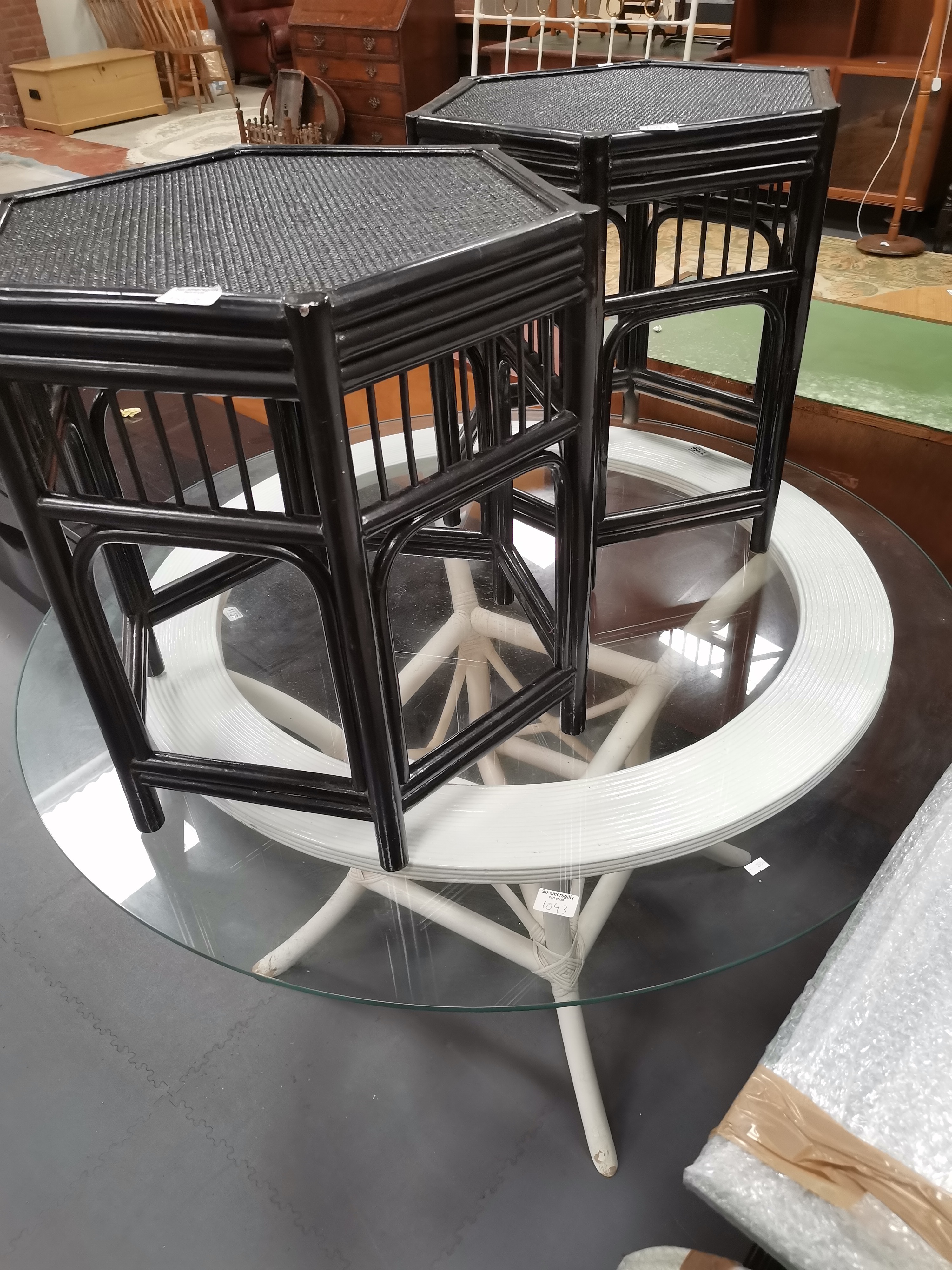 Glass topped dining table on bentwood legs x2 Hexagonal black side tables plus - Image 2 of 3