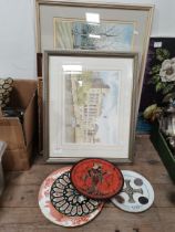 2 Paintings, 3 Framed Embroideries and 4 Plates